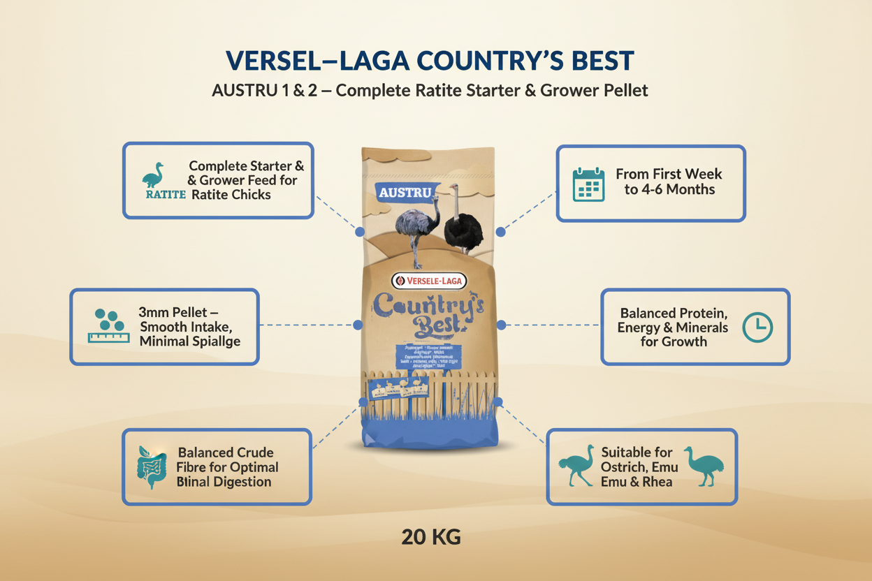 Versele-Laga AUSTRU 1 & 2 Ostrich Pellet Infographic