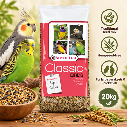 Versele-Laga Classic Big Parakeet / Cockatiels infographic using the packshot