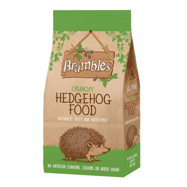 A bag of Brambles Crunchy Hedgehog Food on a plain white background. The packaging is primarily kraft brown with green accents at the top and bottom, featuring an illustration of a hedgehog and the Brambles brand logo.
