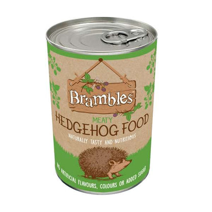 A can of Brambles Hedgehog Food cat food, featuring a kraft paper label with green borders, a hedgehog illustration, and a silver pull-tab lid on a white background.