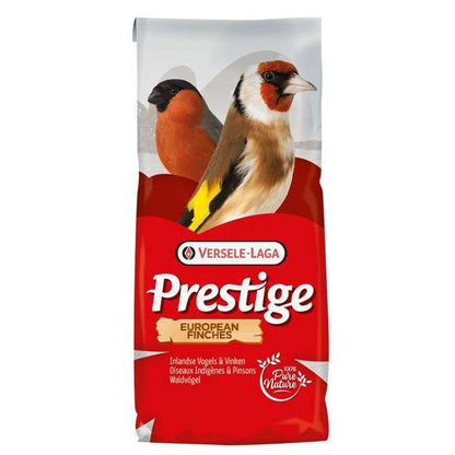 A bag of Prestige European Finches bird food by Versele-Là, featuring a red and white package with illustrations of two European finches on the front.