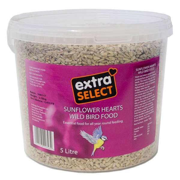 A 5 litre clear plastic tub of Extra Select Sunflower Hearts Wild Bird Food, featuring a bright pink label with a bird illustration and product details.