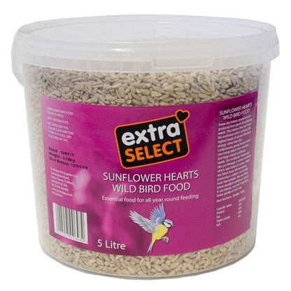 A 5 litre clear plastic tub of Extra Select Sunflower Hearts Wild Bird Food, featuring a bright pink label with a bird illustration and product details.